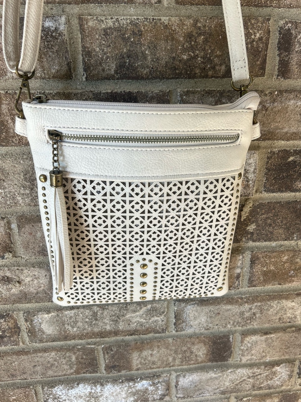 White Laser Cut Studded Crossbody Bag Tassel Boho Western Purse